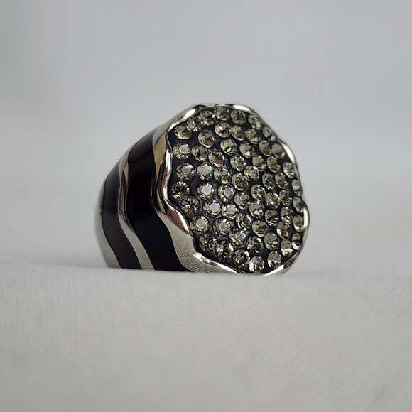 FAC Black & Silver Rhinestone Studded Ring Size 7 - Picture 6 of 9